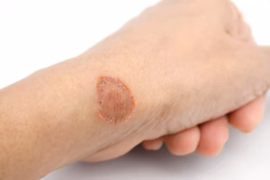 Medical image showing track marks and injection site damage resulting from intravenous drug use