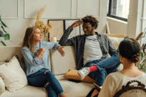 Couple having a serious, caring conversation about addiction