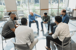 Group sitting in a circle during a structured treatment program session