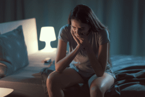 Distressed woman sitting alone, reflecting the emotional struggle of borderline personality disorder and addiction